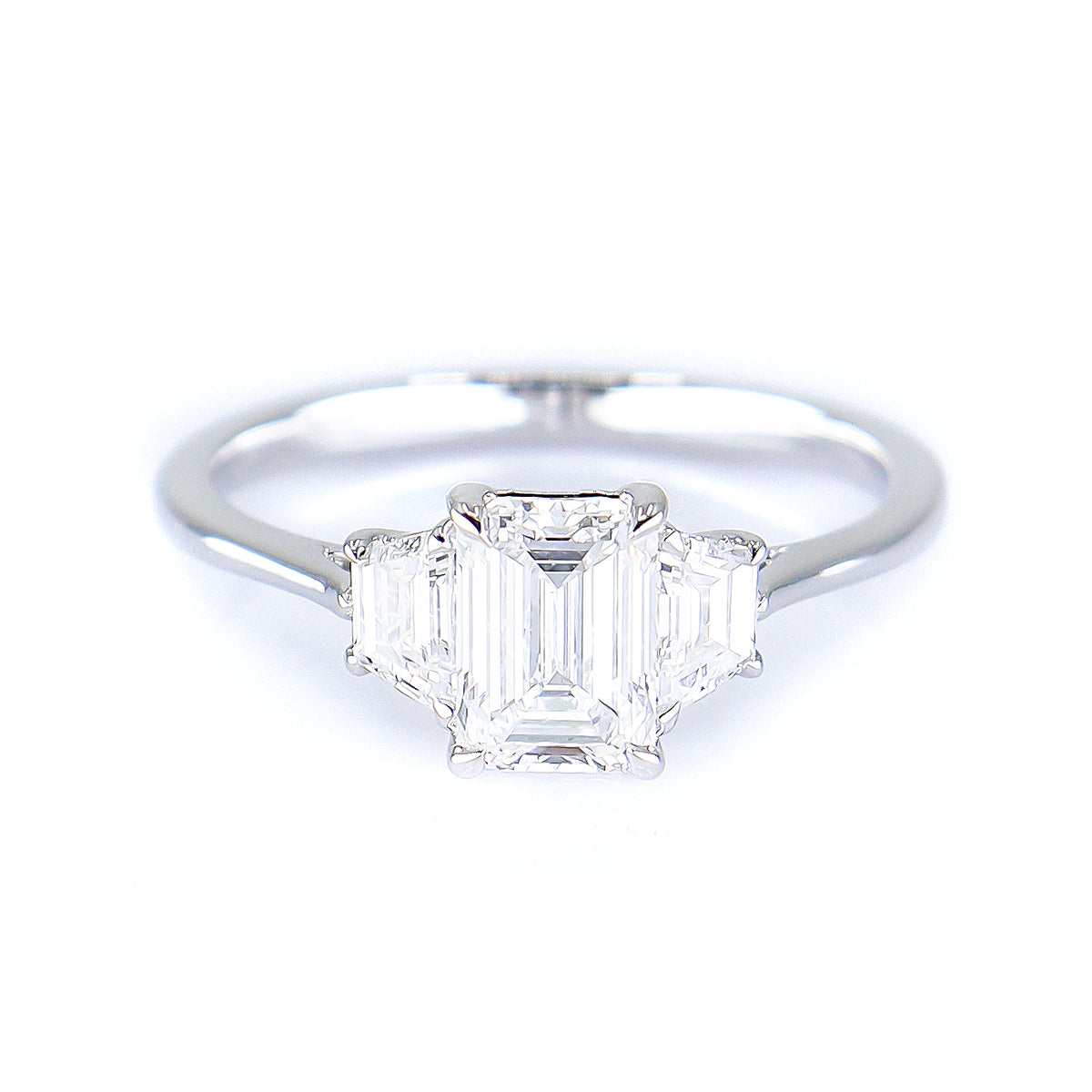 18ct White Gold 1.38ct TDW Lab Grown Diamond Certificated Emerald Cut & Trapezoid Three Stone Ring