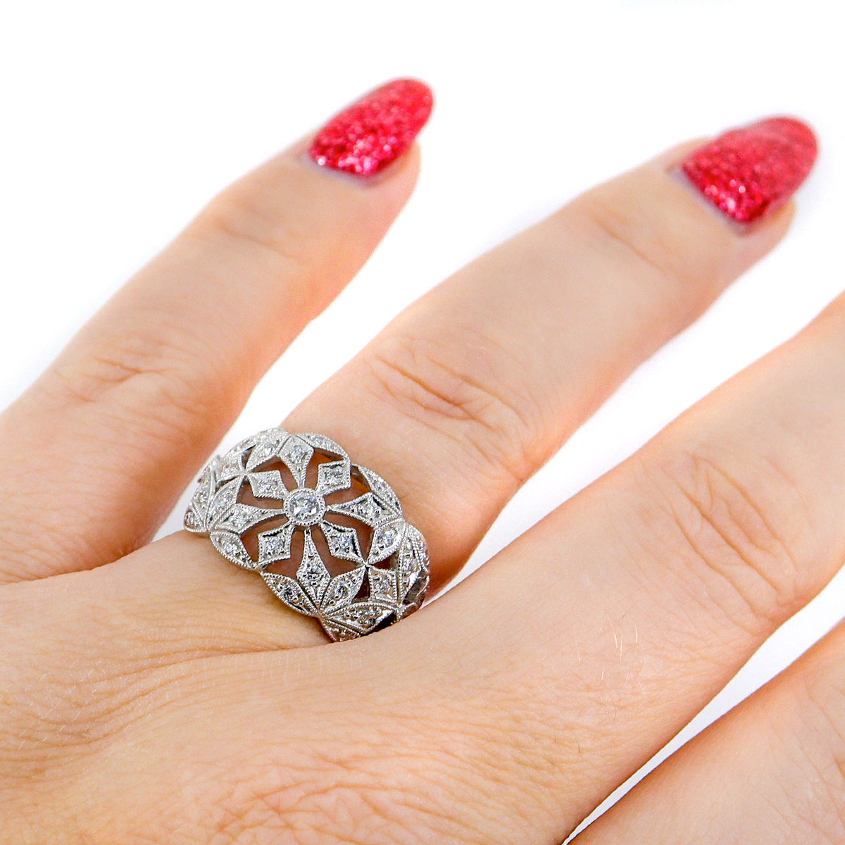 18ct White Gold 0.40ct Round Brilliant Cut Diamond Open Floral Vintage Style Wide Ring