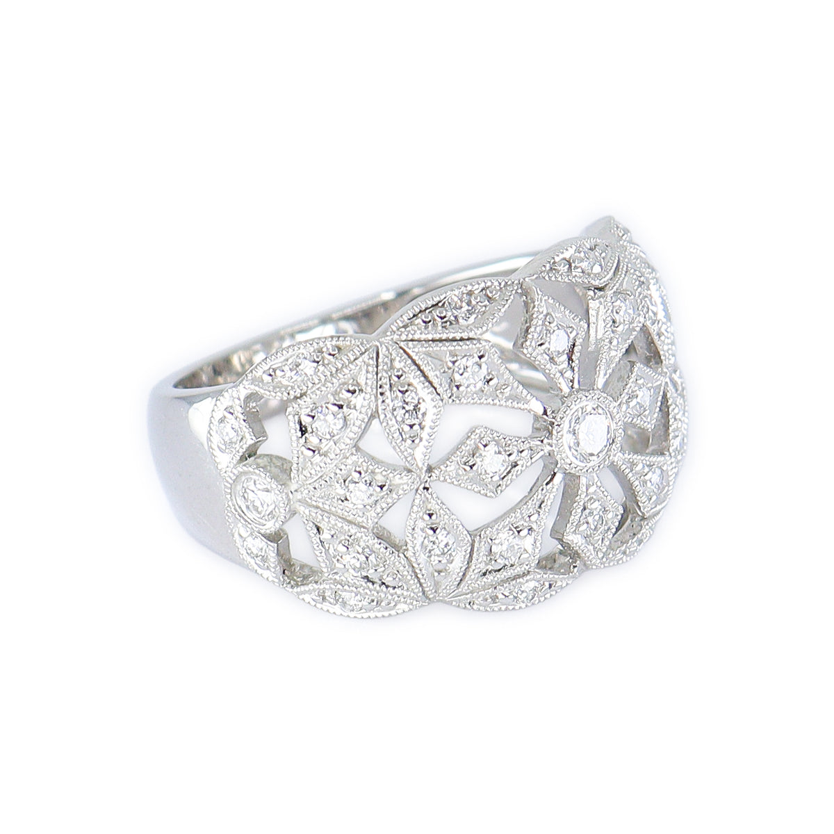 18ct White Gold 0.40ct Round Brilliant Cut Diamond Open Floral Vintage Style Wide Ring