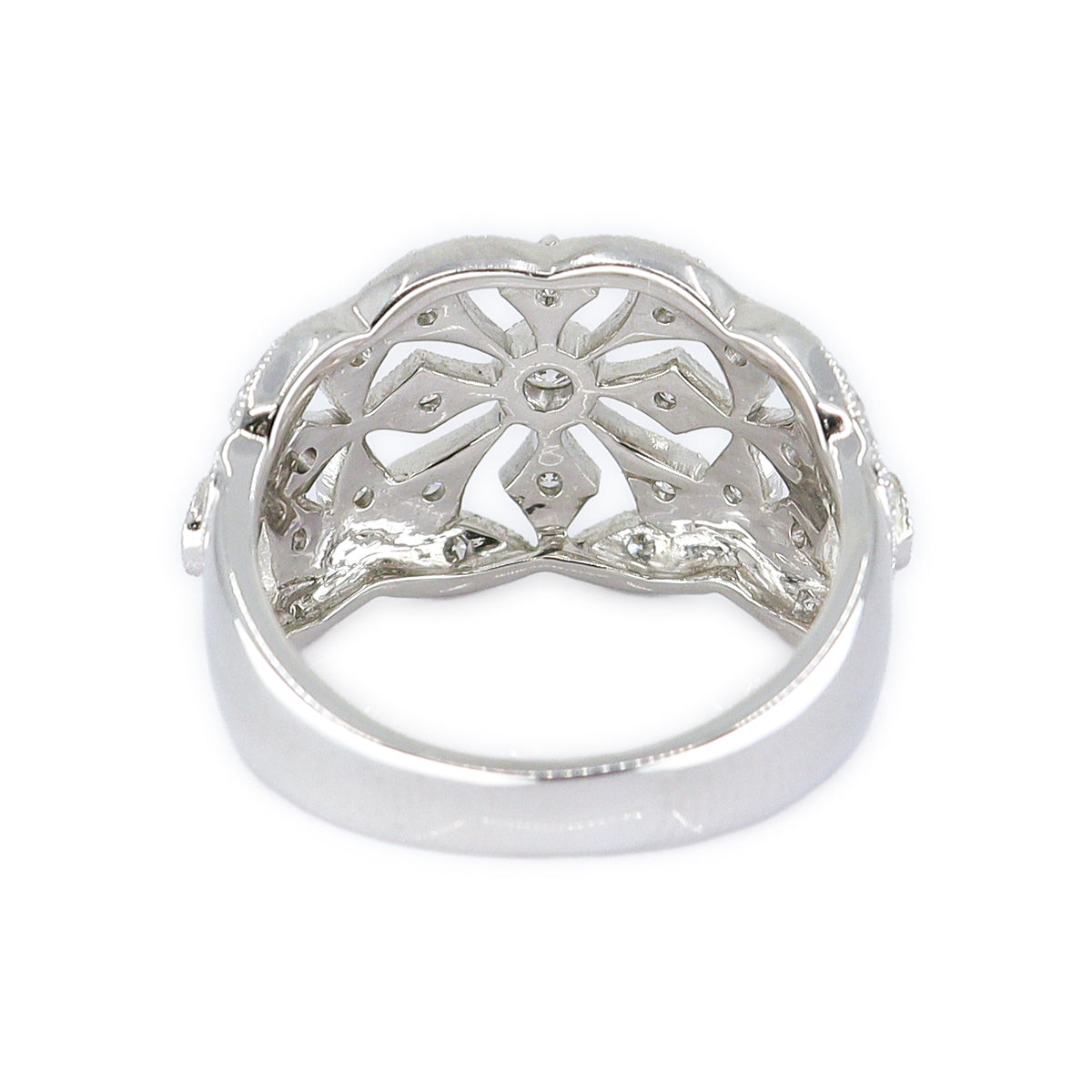 18ct White Gold 0.40ct Round Brilliant Cut Diamond Open Floral Vintage Style Wide Ring
