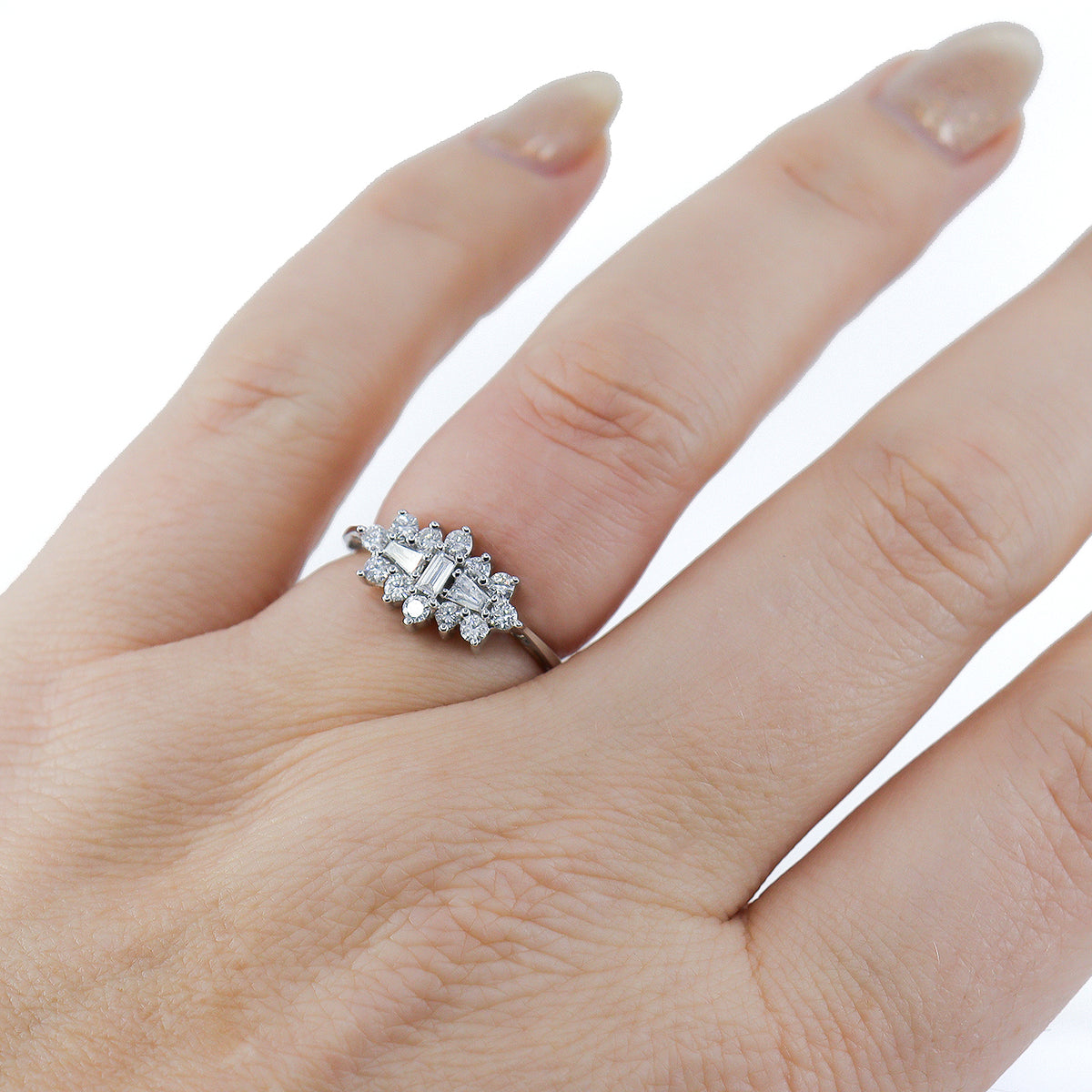 18ct White Gold 0.60ct Baguette, Tapered Baguette & Round Brilliant Cut Diamond Boat Cluster Ring