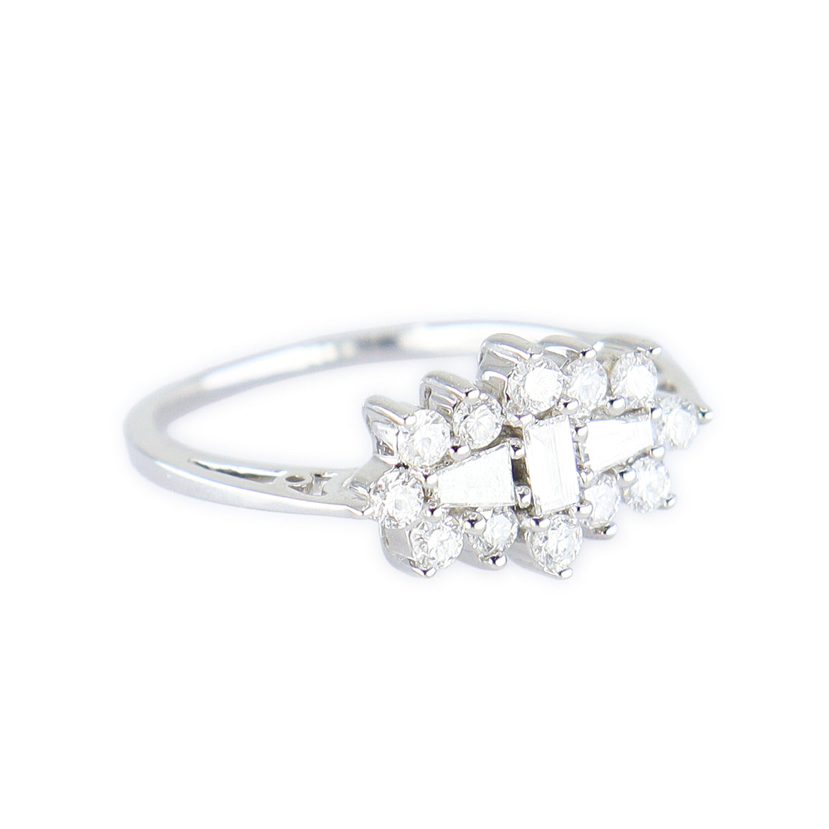 18ct White Gold 0.60ct Baguette, Tapered Baguette & Round Brilliant Cut Diamond Boat Cluster Ring