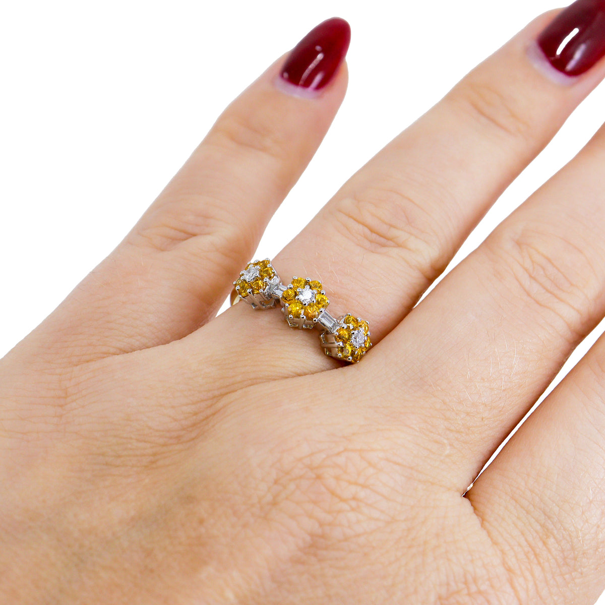 18ct Gold Yellow Sapphire & Diamond Triple Floral Band