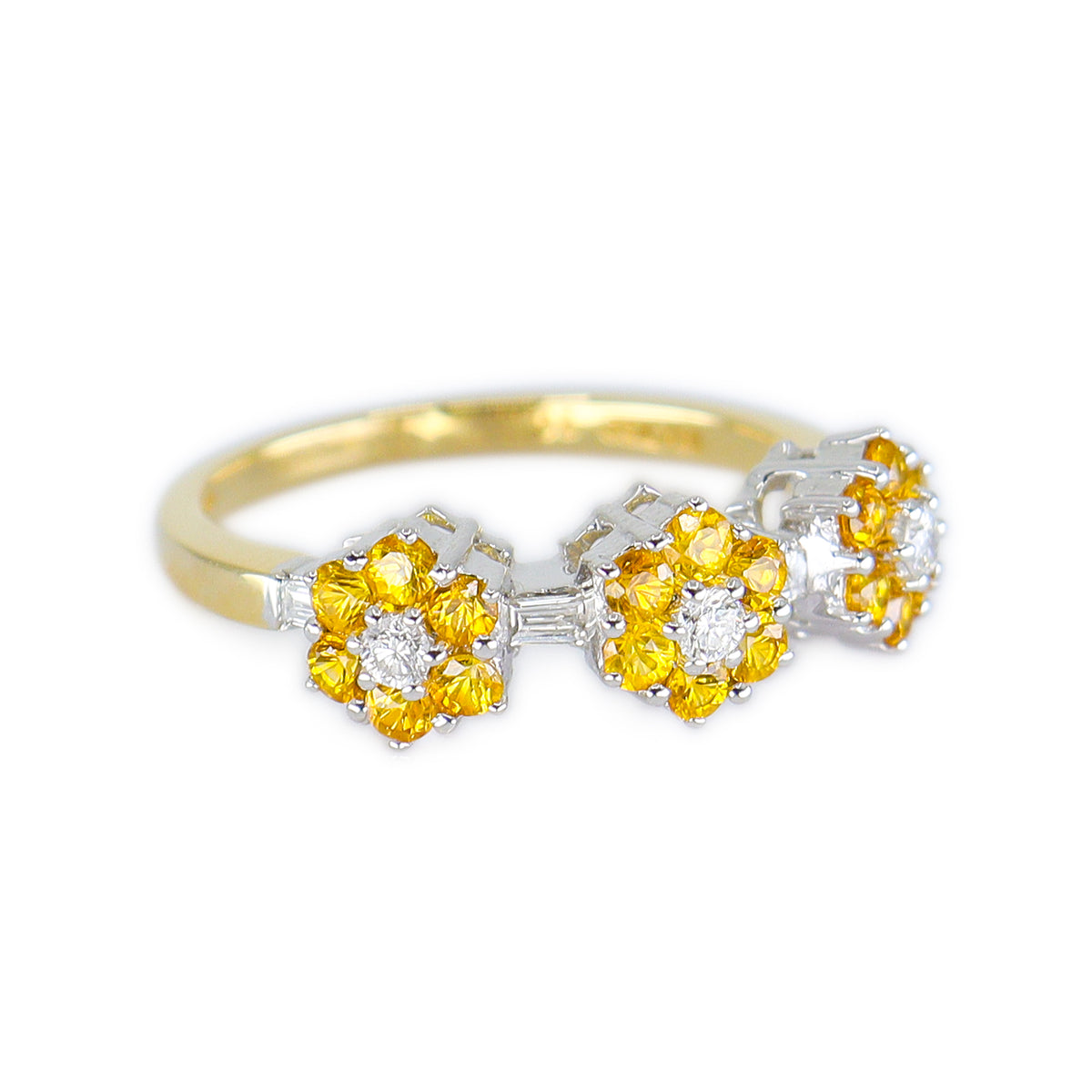 18ct Gold Yellow Sapphire & Diamond Triple Floral Band