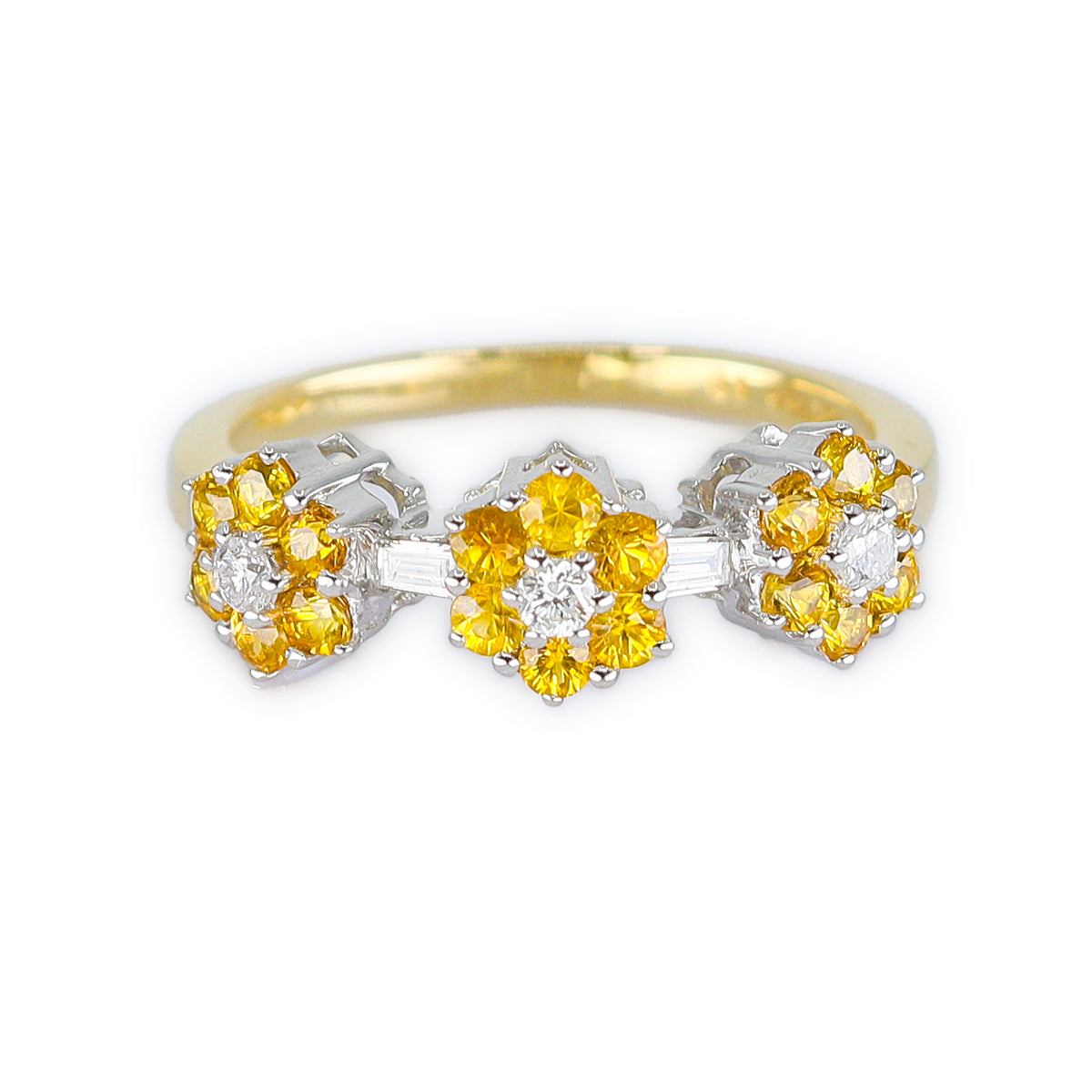 18ct Gold Yellow Sapphire & Diamond Triple Floral Band