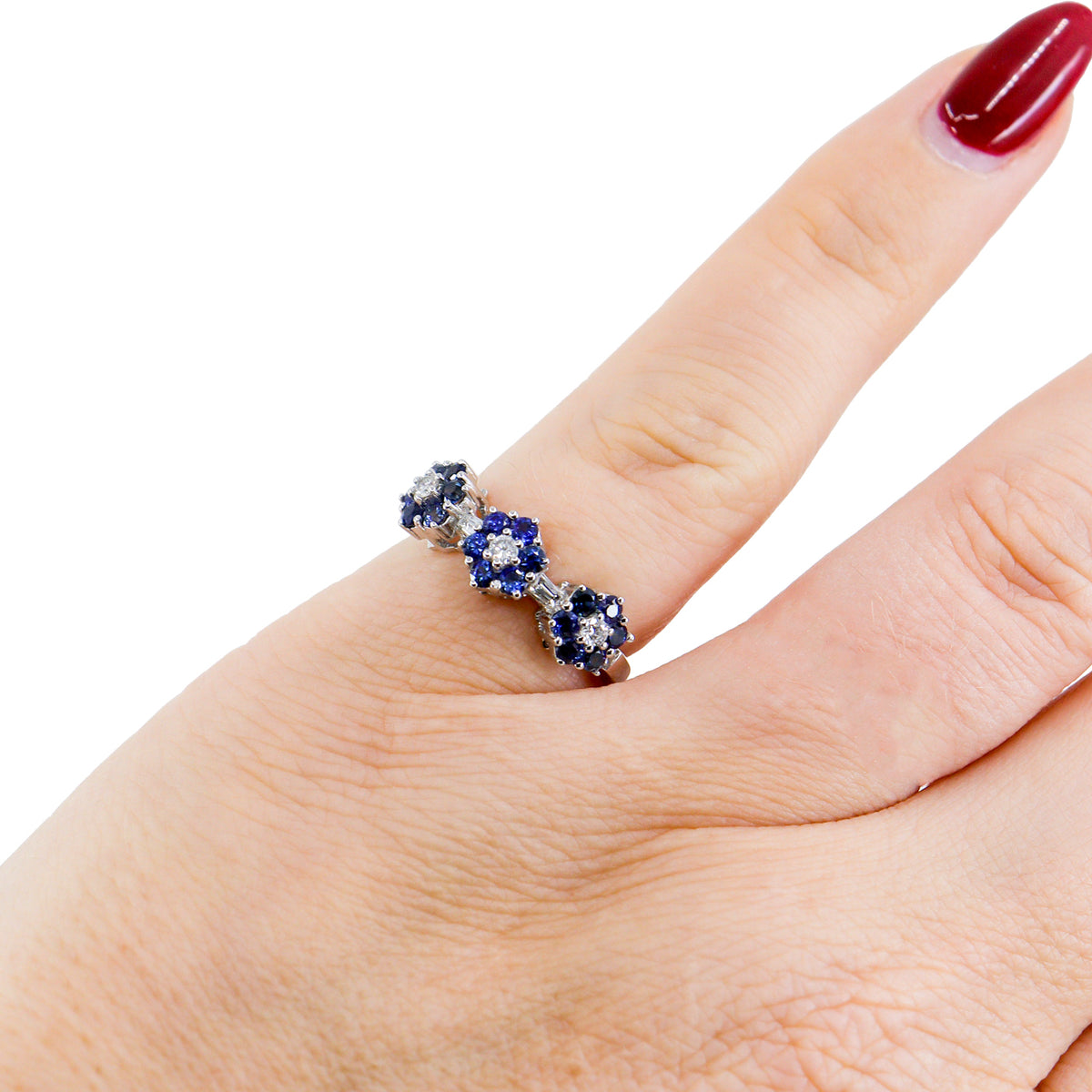 18ct White Gold Sapphire & Diamond Triple Floral Band