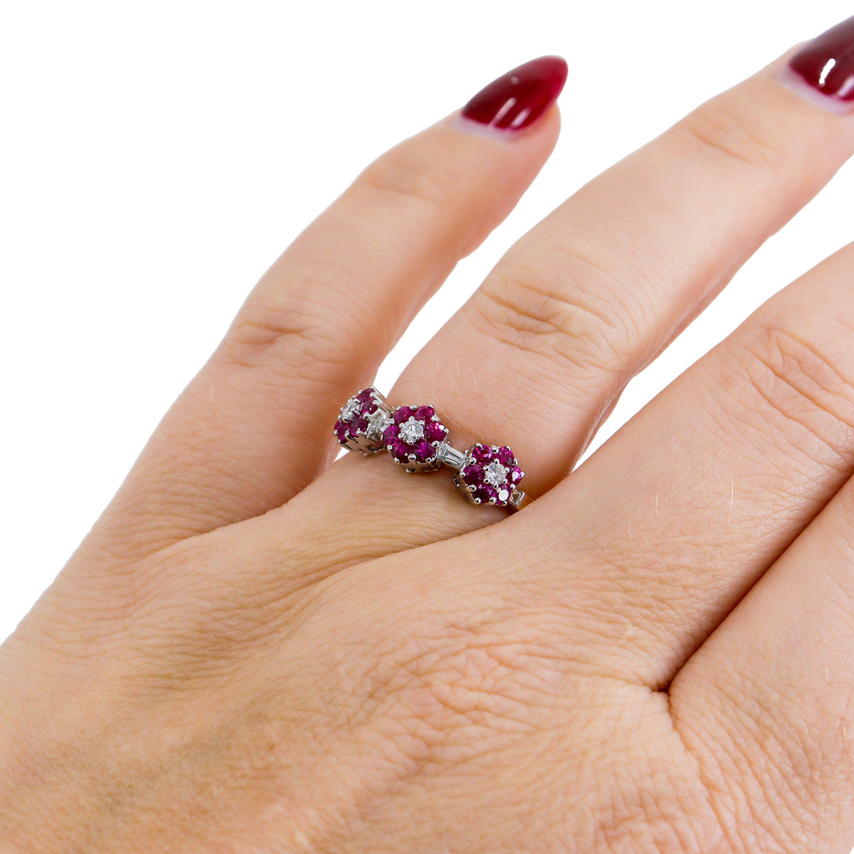 18ct Gold Ruby & Diamond Triple Floral Band