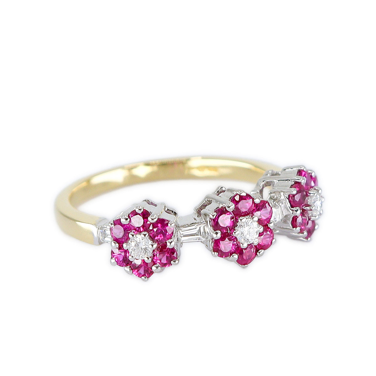 18ct Gold Ruby & Diamond Triple Floral Band