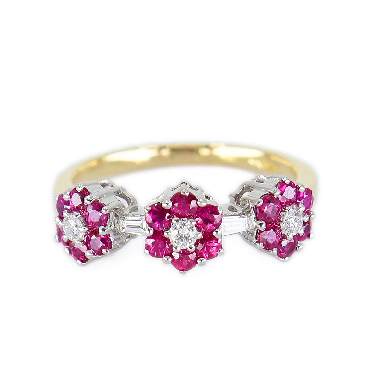 18ct Gold Ruby & Diamond Triple Floral Band