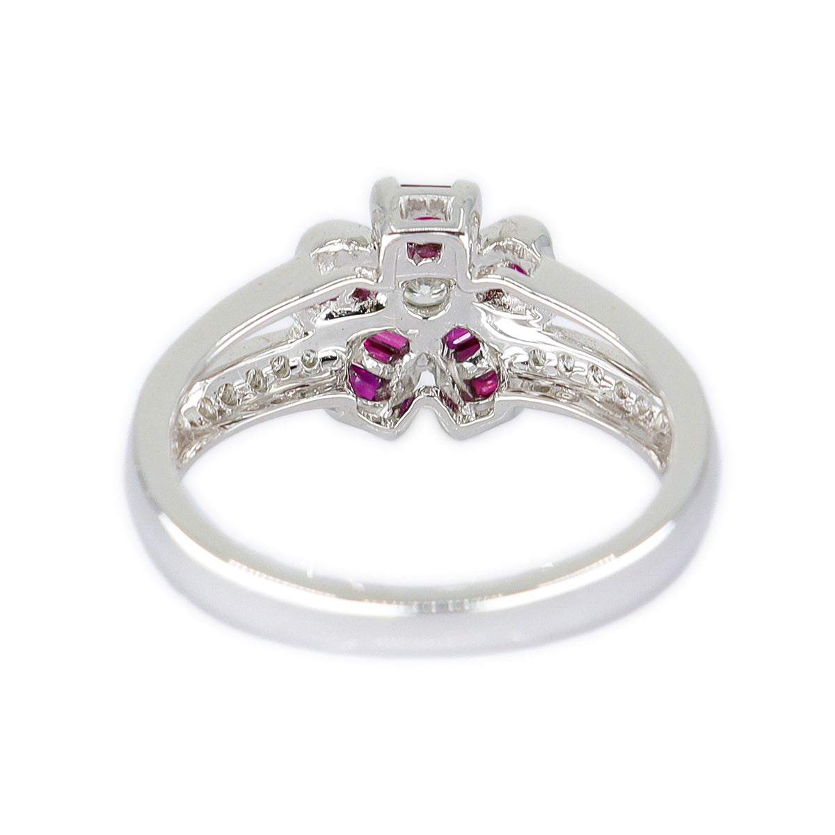 18ct White Gold Ruby & Diamond Floral Split Shoulder Ring