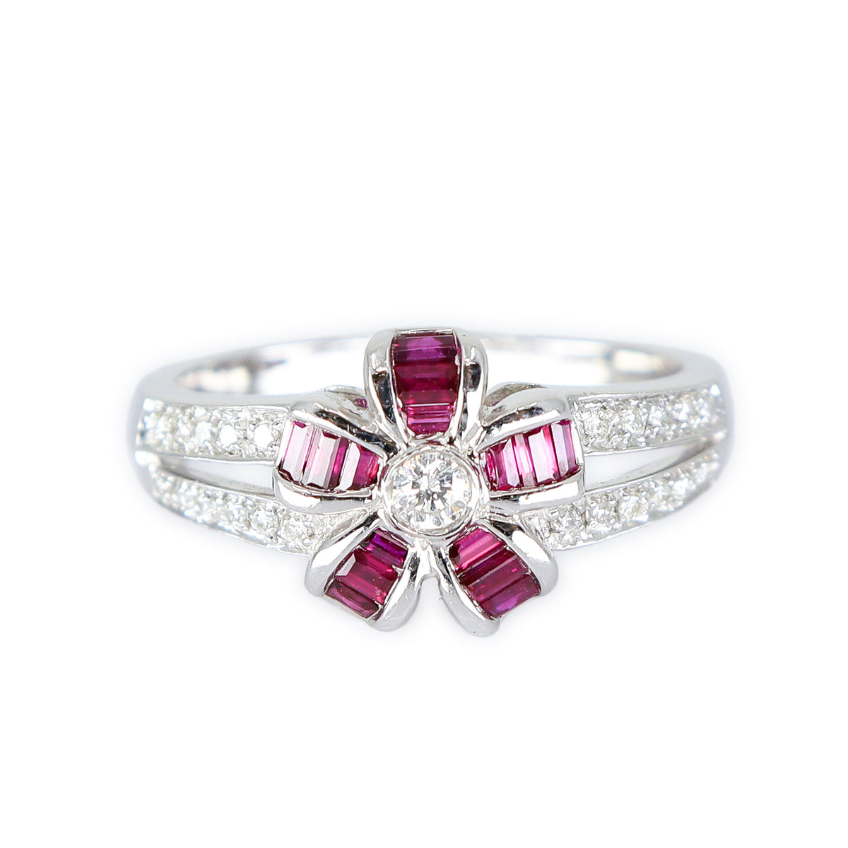 18ct White Gold Ruby & Diamond Floral Split Shoulder Ring