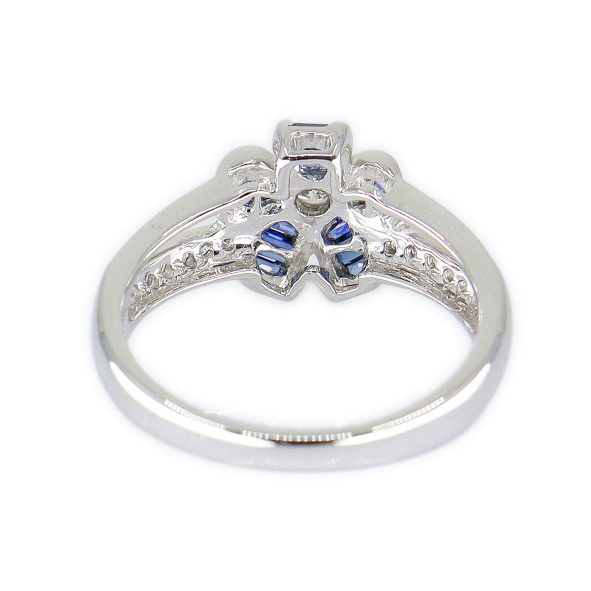 18ct White Gold Sapphire & Diamond Floral Split Shoulder Ring