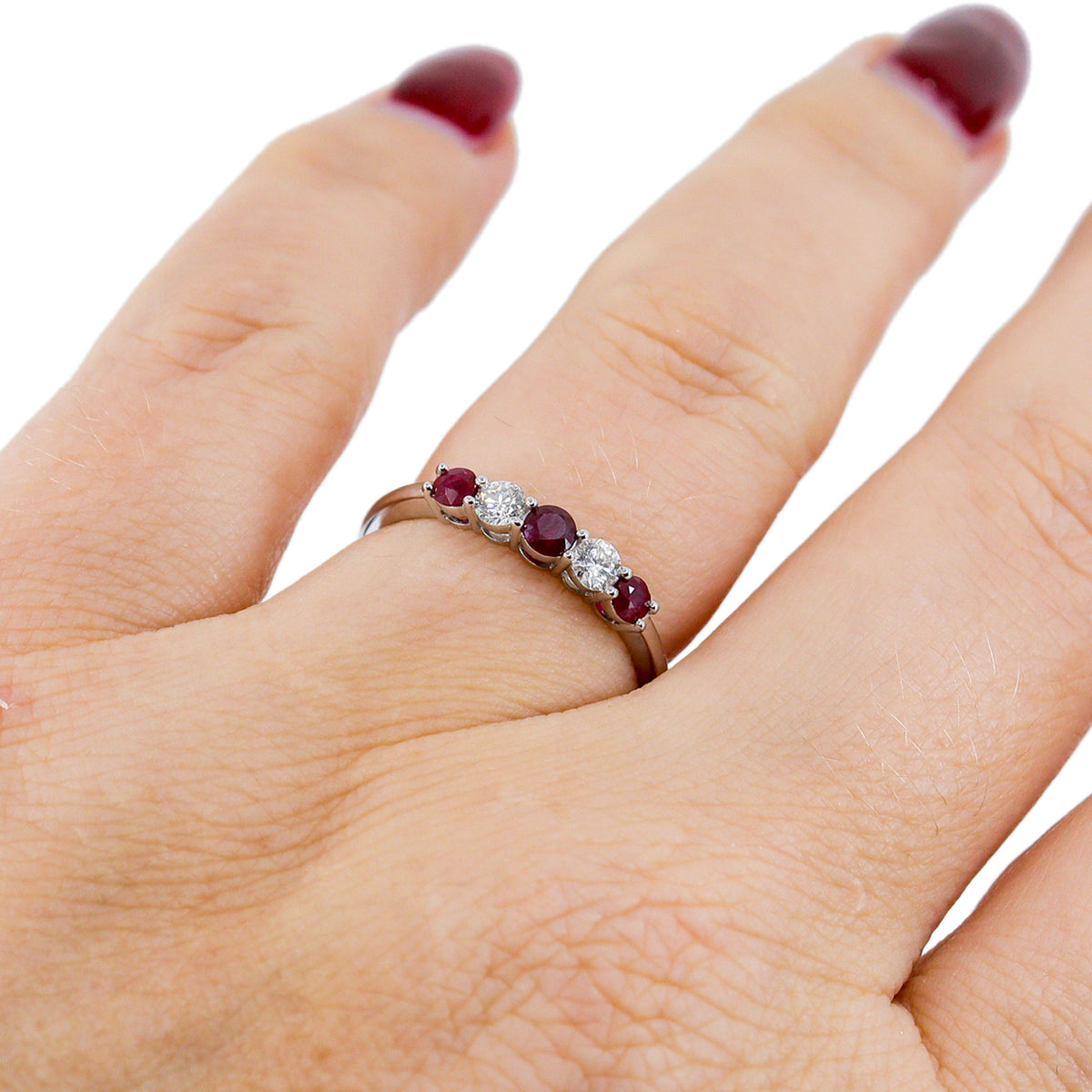 18ct White Gold Ruby & Diamond Five Stone Eternity Ring