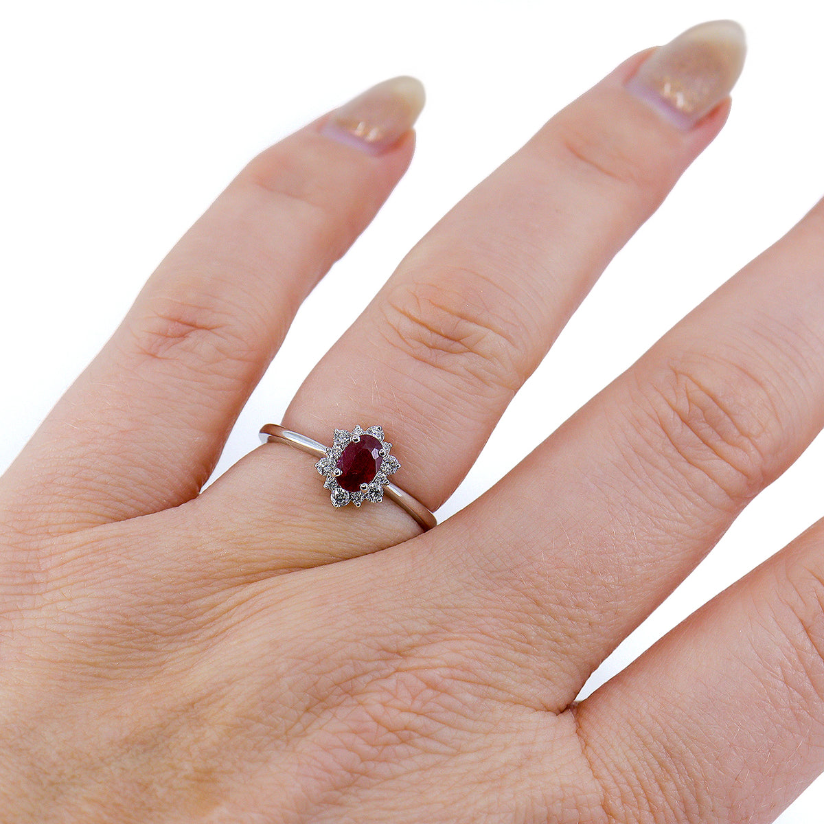 18ct White Gold Oval Ruby & Diamond Cluster Ring