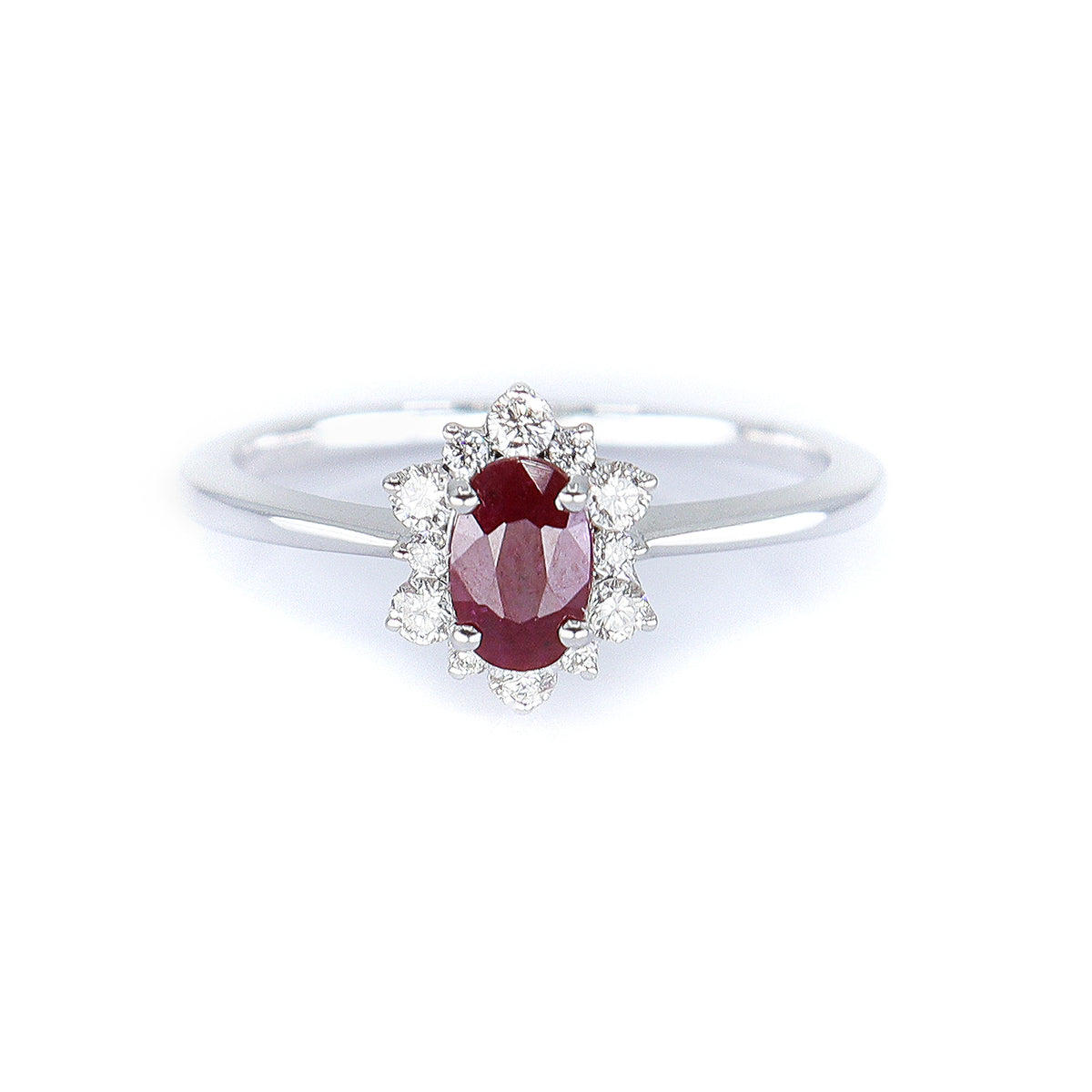 18ct White Gold Oval Ruby & Diamond Cluster Ring