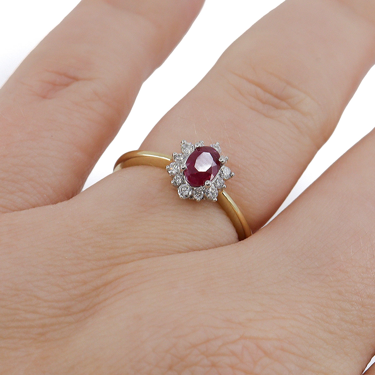 18ct Yellow Gold Oval Ruby & Diamond Cluster Ring