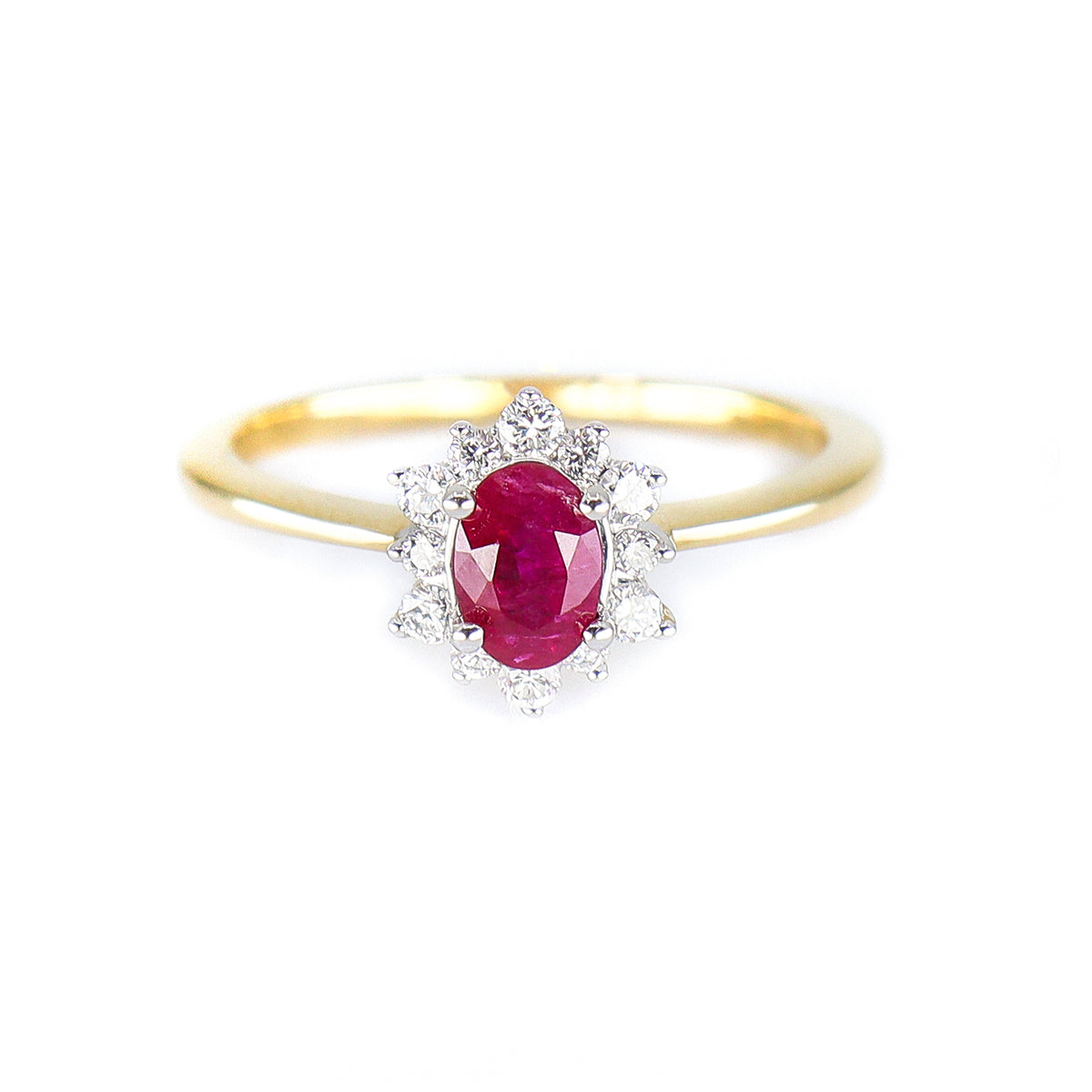 18ct Yellow Gold Oval Ruby & Diamond Cluster Ring