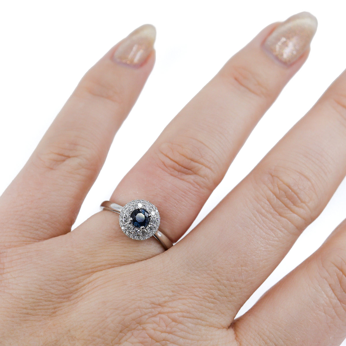18ct White Gold Round Sapphire & Diamond Double Row Cluster Ring