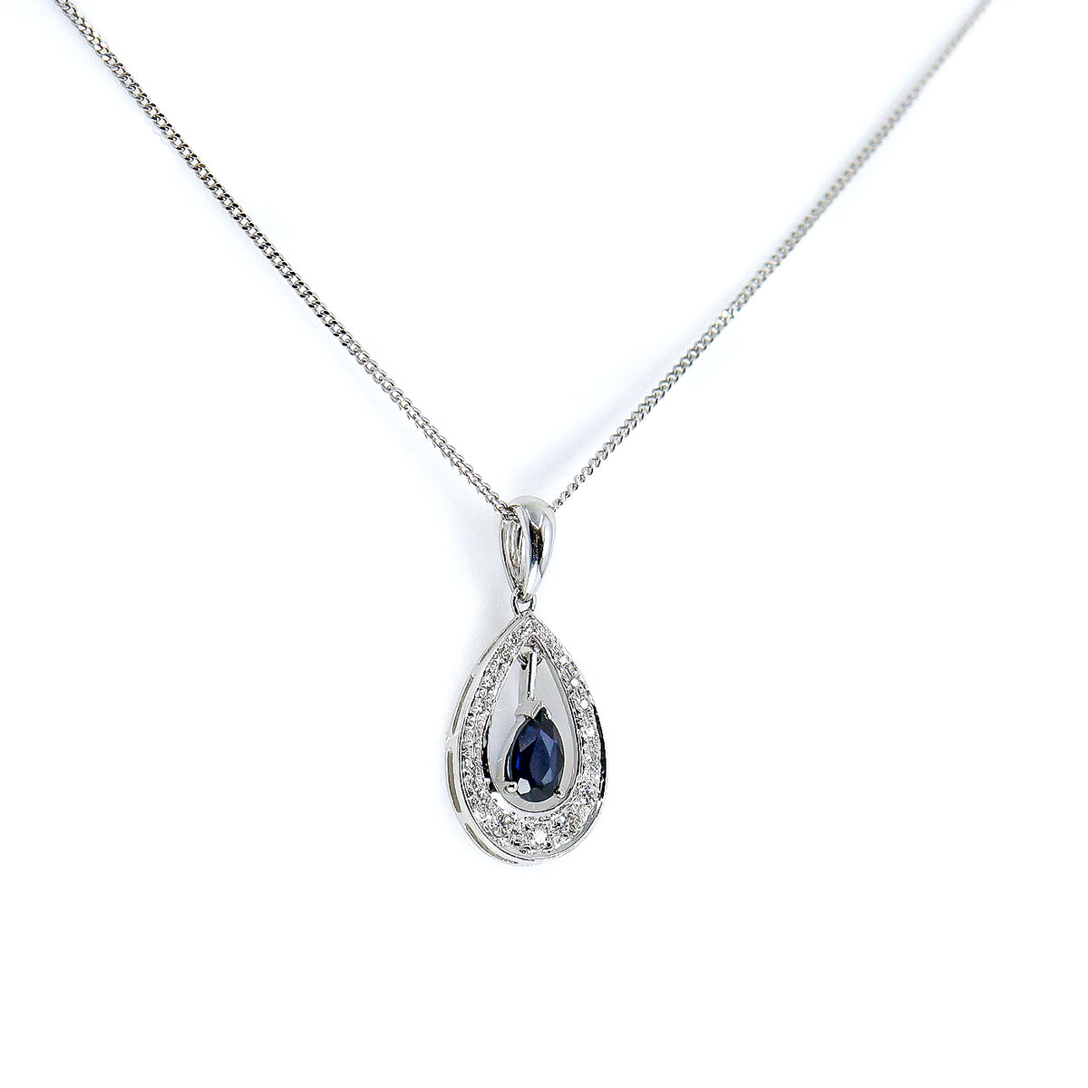 18ct White Gold Sapphire & Diamond Pear Shape Pendant & Chain