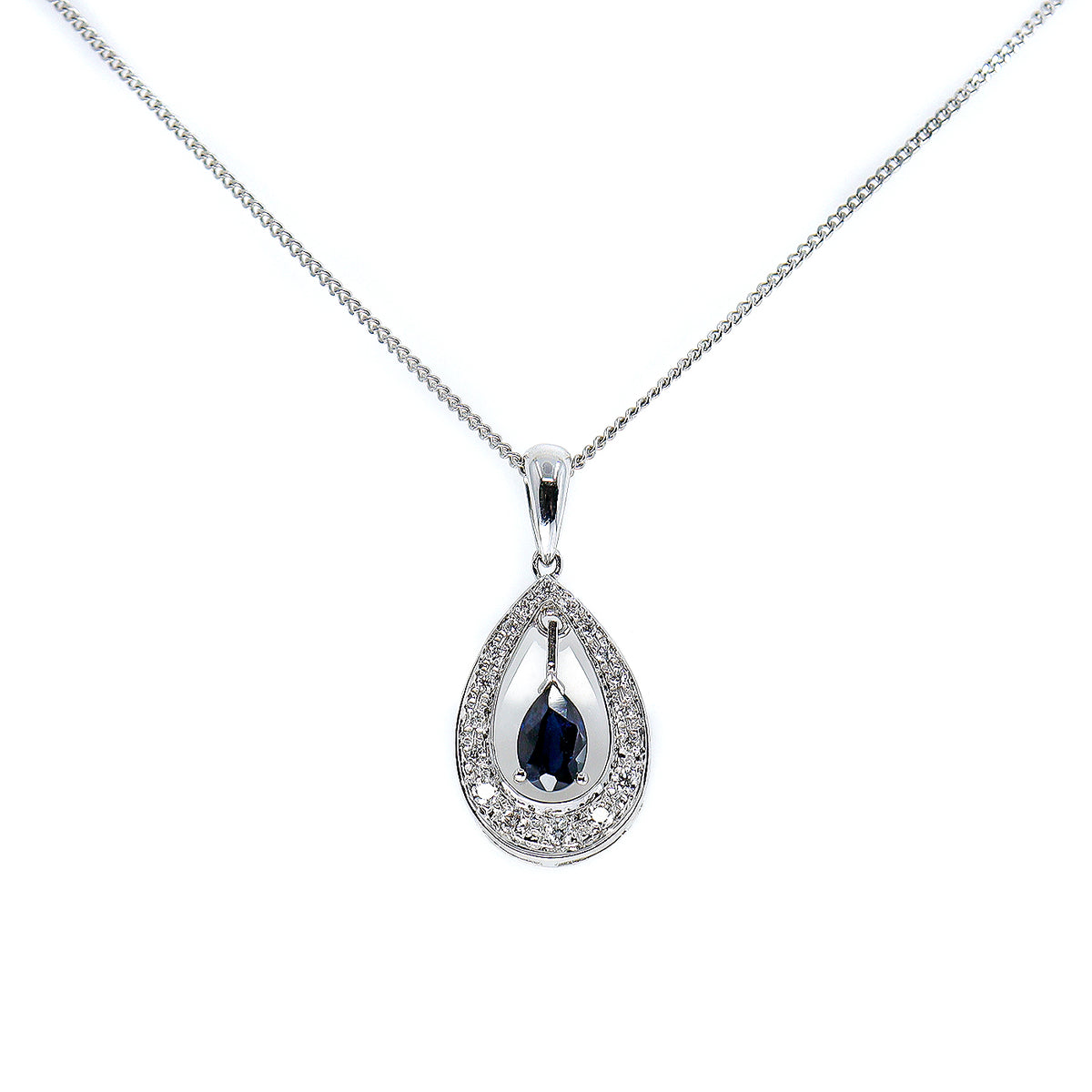 18ct White Gold Sapphire & Diamond Pear Shape Pendant & Chain