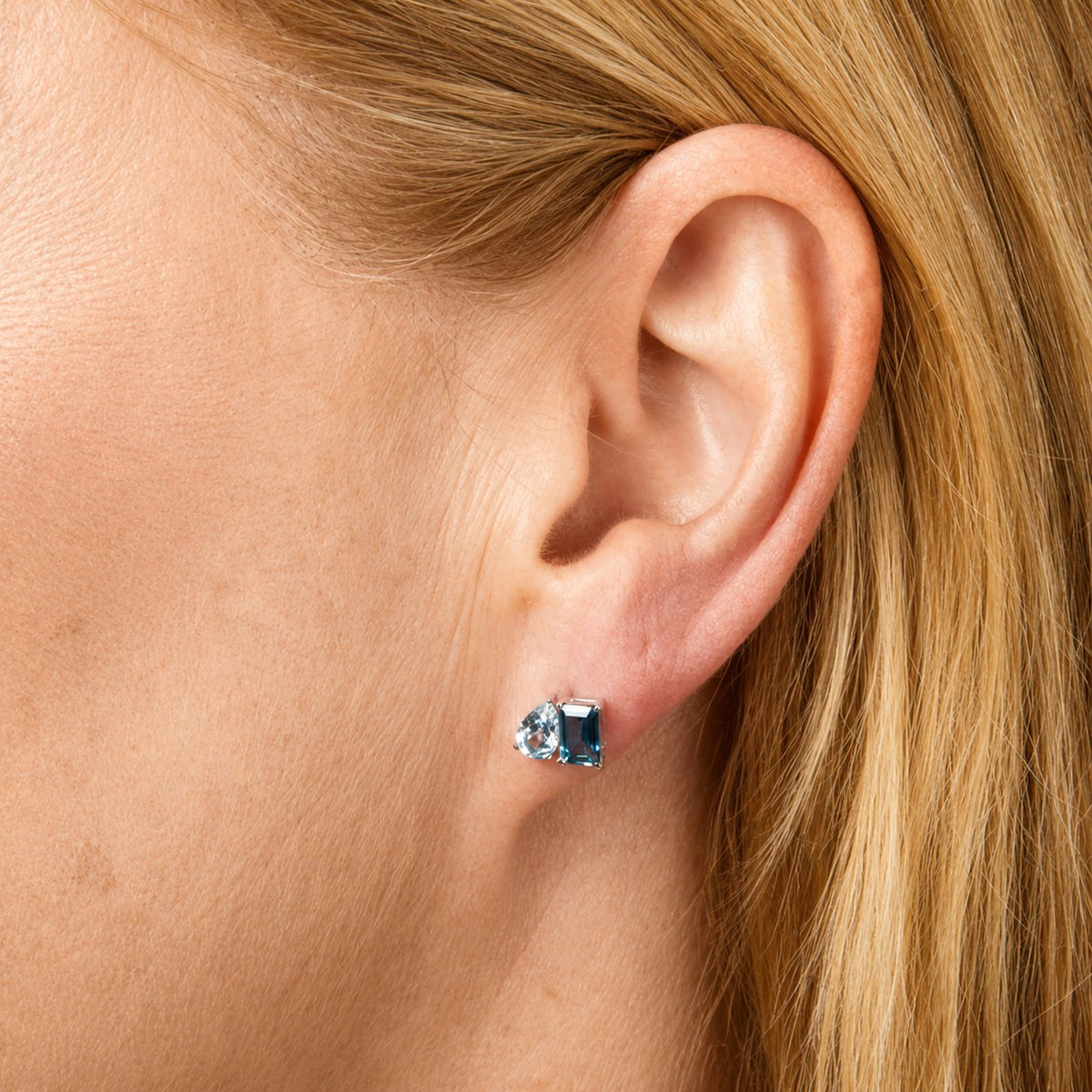 9ct White Gold Emerald Cut London Blue Topaz & Sky Blue Topaz Pear Shaped Toi et Moi Stud Earrings