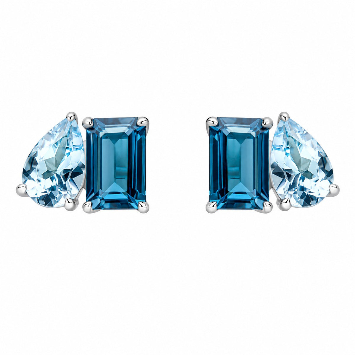 9ct White Gold Emerald Cut London Blue Topaz & Sky Blue Topaz Pear Shaped Toi et Moi Stud Earrings