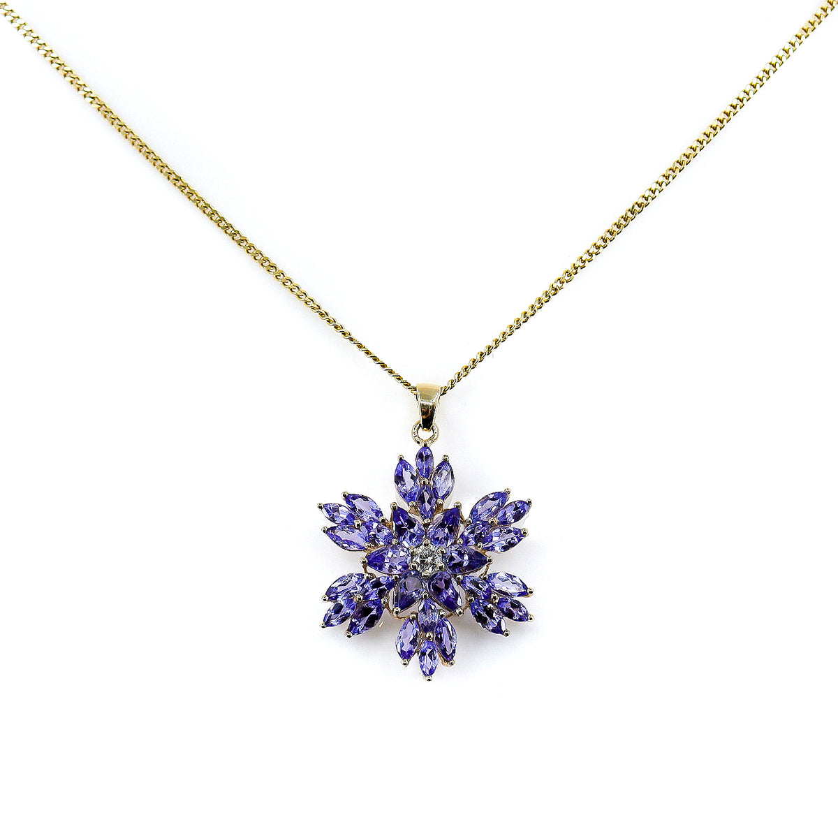 Pre-Owned 9ct Gold Multi Cut Tanzanite & Round Brilliant Cut Diamond Snowflake Pendant 18" Chain