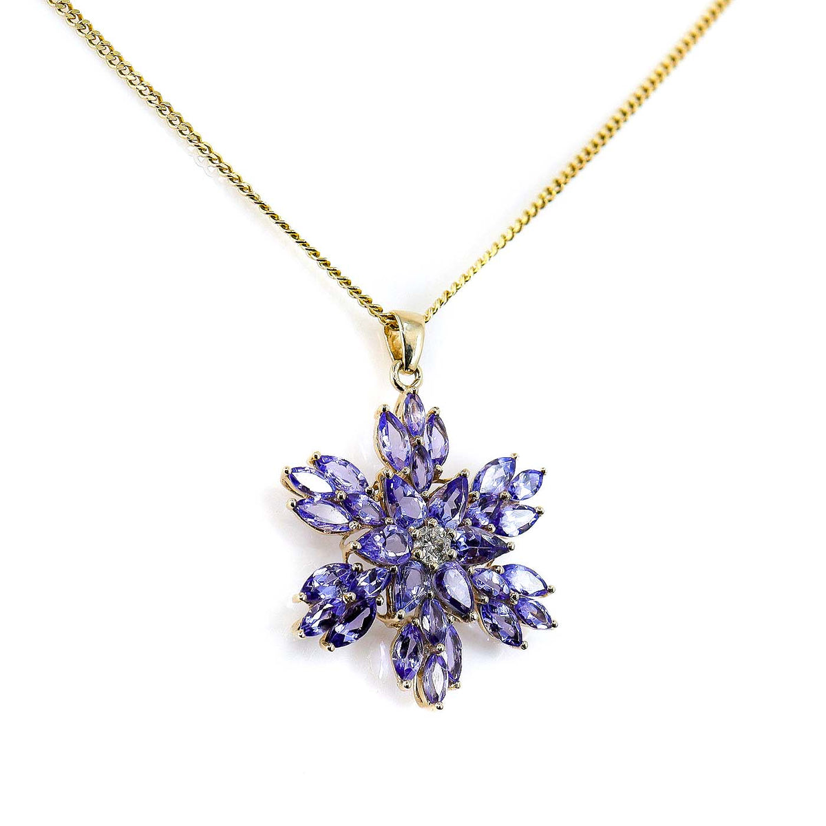 Pre-Owned 9ct Gold Multi Cut Tanzanite & Round Brilliant Cut Diamond Snowflake Pendant 18" Chain