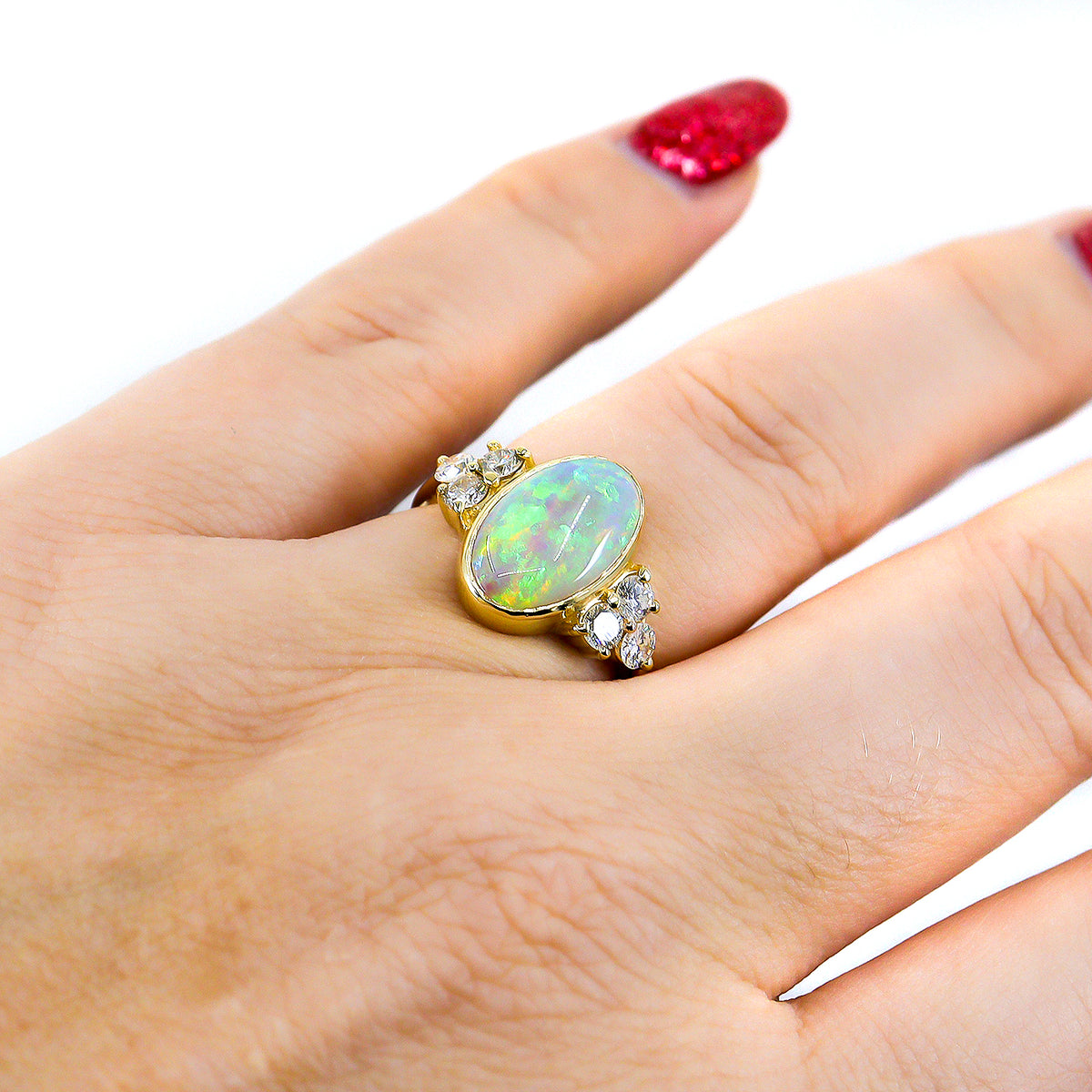 Pre-Owned 18ct Gold Rub Set Oval Opal & Claw Set Round Brilliant Cut Diamond Trefoil Shoulder Ring