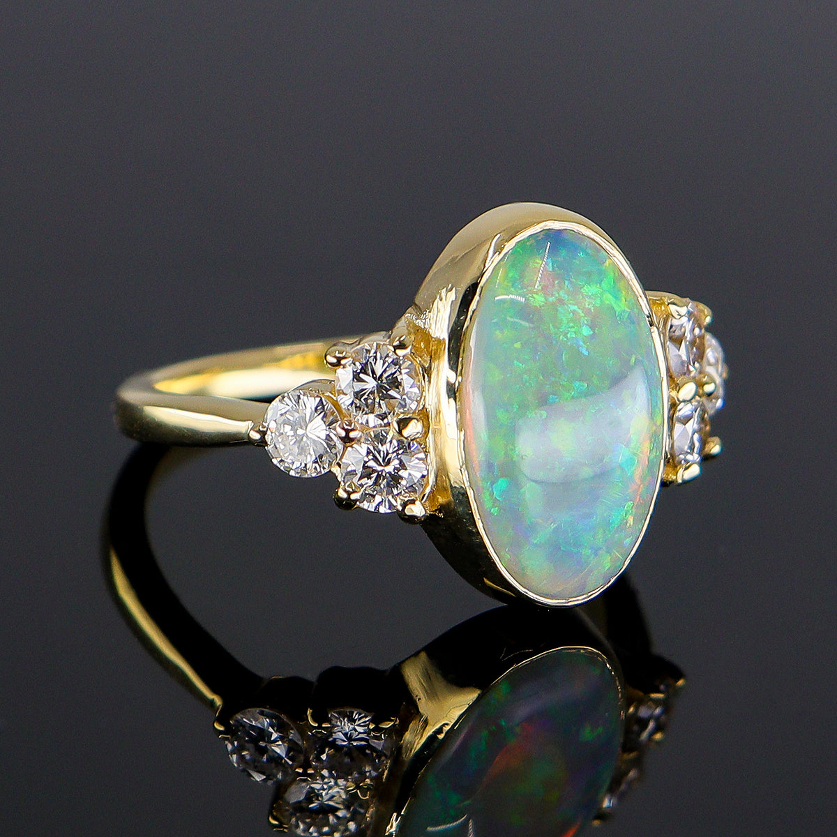 Pre-Owned 18ct Gold Rub Set Oval Opal & Claw Set Round Brilliant Cut Diamond Trefoil Shoulder Ring