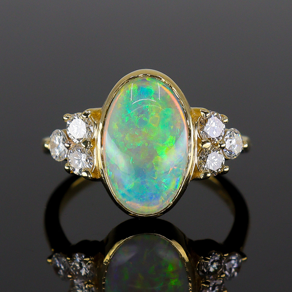 Pre-Owned 18ct Gold Rub Set Oval Opal & Claw Set Round Brilliant Cut Diamond Trefoil Shoulder Ring