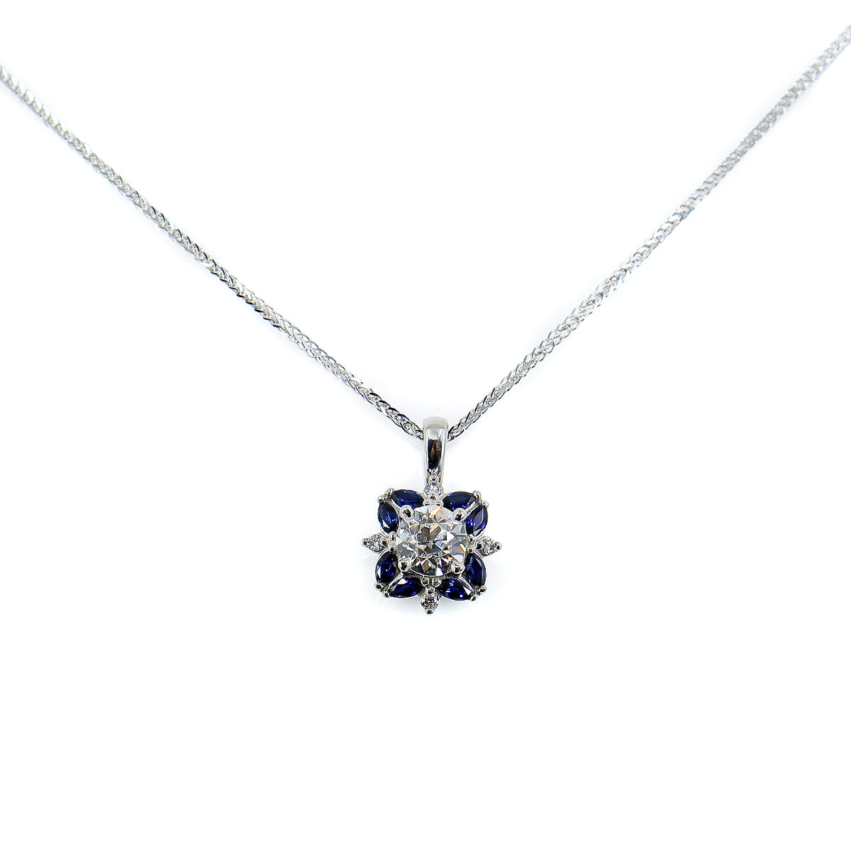 Pre-Owned Platinum Old Cut Diamond & Marquise Sapphire Flower Pendant on 18"  Spiga Chain
