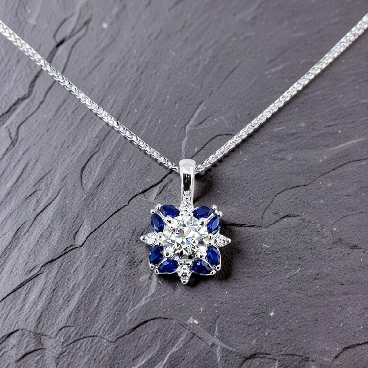 Pre-Owned Platinum Old Cut Diamond & Marquise Sapphire Flower Pendant on 18"  Spiga Chain