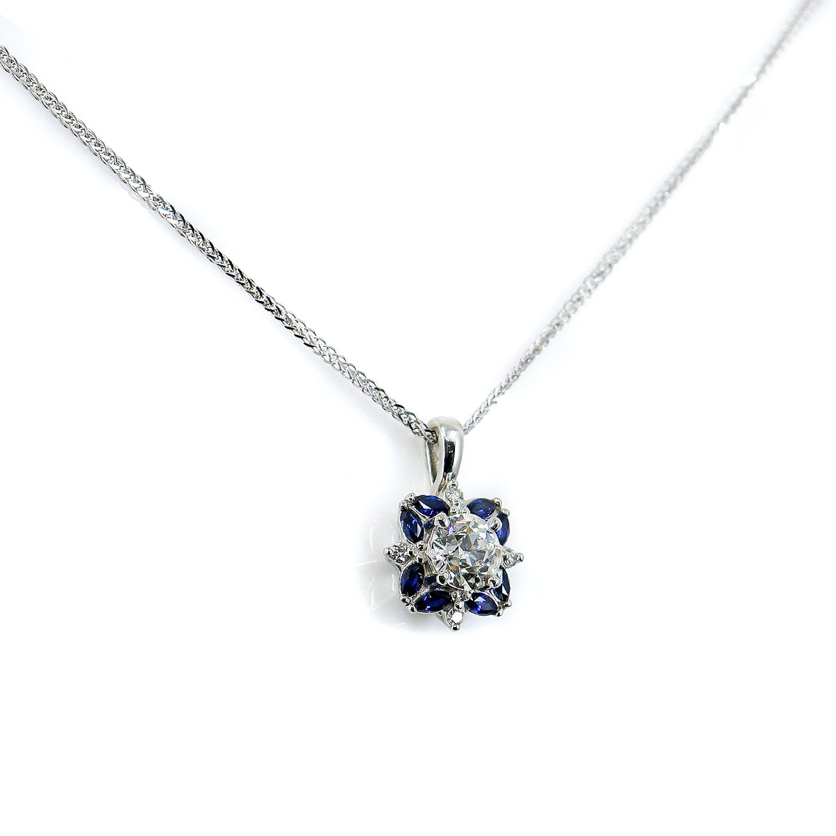 Pre-Owned Platinum Old Cut Diamond & Marquise Sapphire Flower Pendant on 18"  Spiga Chain