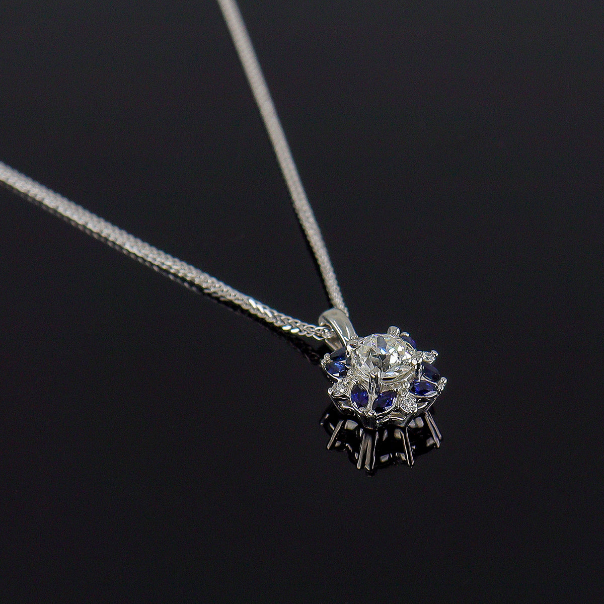 Pre-Owned Platinum Old Cut Diamond & Marquise Sapphire Flower Pendant on 18"  Spiga Chain