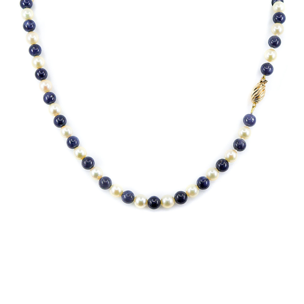 Pre-Owned Alternating Cultured Pearl & Sapphire Bead Necklace with 9ct Yellow Gold Oval Fluted Clasp