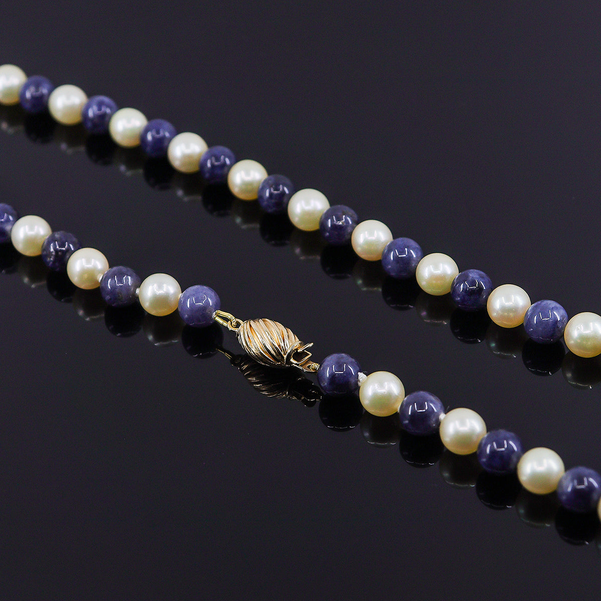 Pre-Owned Alternating Cultured Pearl & Sapphire Bead Necklace with 9ct Yellow Gold Oval Fluted Clasp