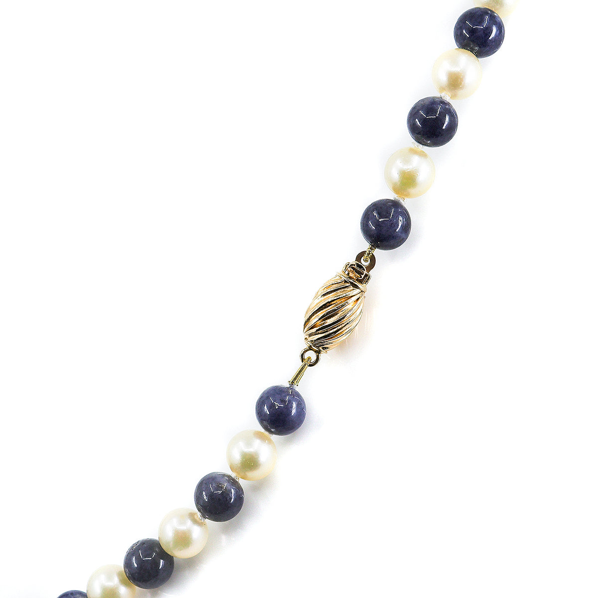 Pre-Owned Alternating Cultured Pearl & Sapphire Bead Necklace with 9ct Yellow Gold Oval Fluted Clasp
