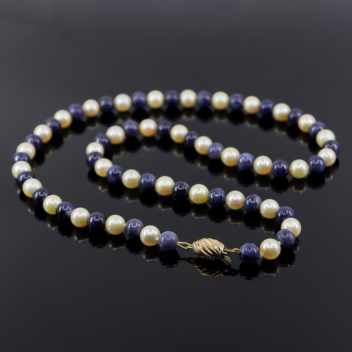 Pre-Owned Alternating Cultured Pearl & Sapphire Bead Necklace with 9ct Yellow Gold Oval Fluted Clasp