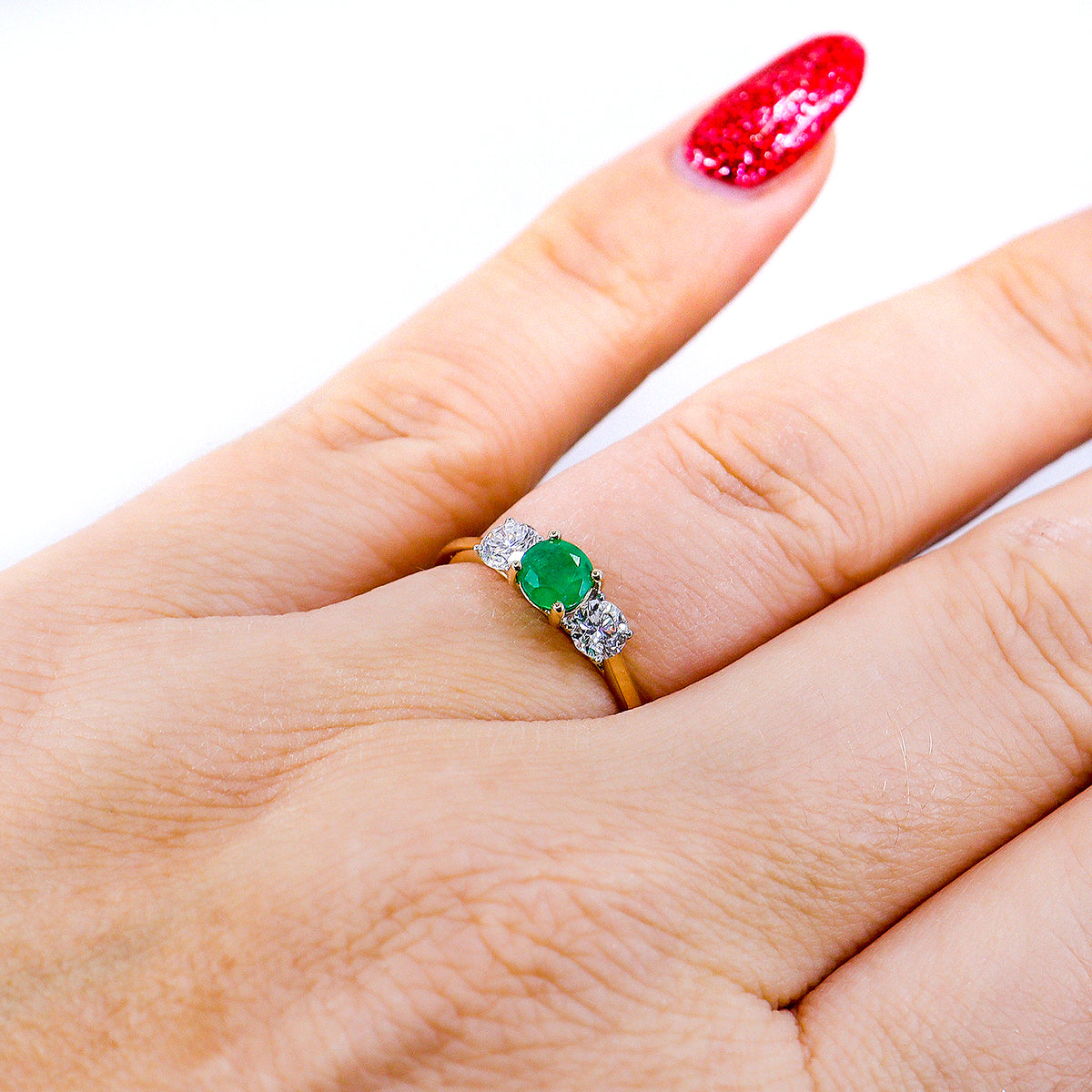 Pre-Owned 9ct Yellow Gold Emerald + Diamond Three Stone Ring