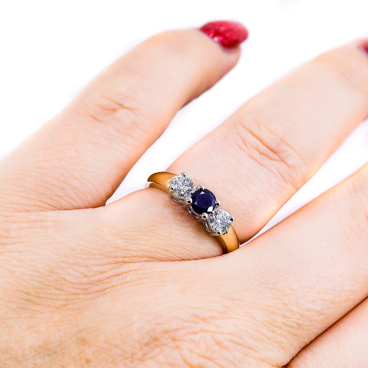 Pre-Owned 9ct Yellow Gold Sapphire & Diamond Three Stone Ring