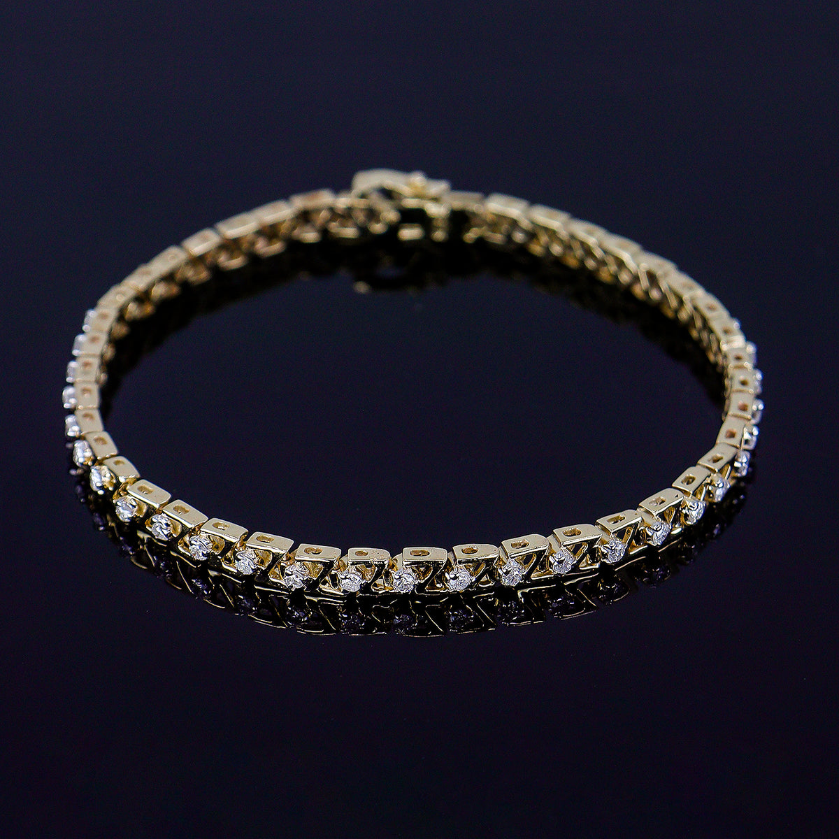 Pre-Owned 9ct Yellow Gold Fancy Z Link Diamond Line Bracelet With Box Clasp + Safety Catch