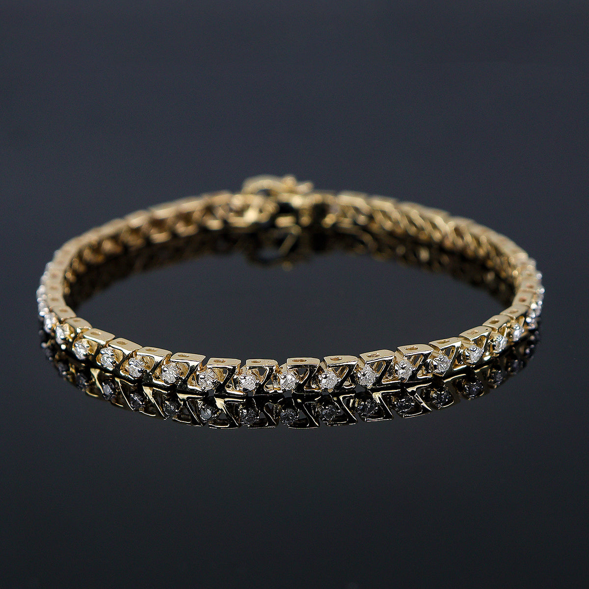 Pre-Owned 9ct Yellow Gold Fancy Z Link Diamond Line Bracelet With Box Clasp + Safety Catch