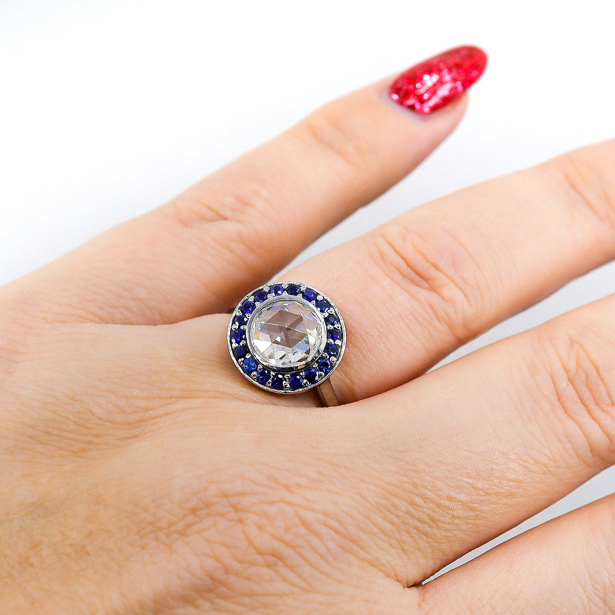 Pre-Owned Platinum Ap. 1.11ct Rose Cut Diamond & Sapphire Halo Ring
