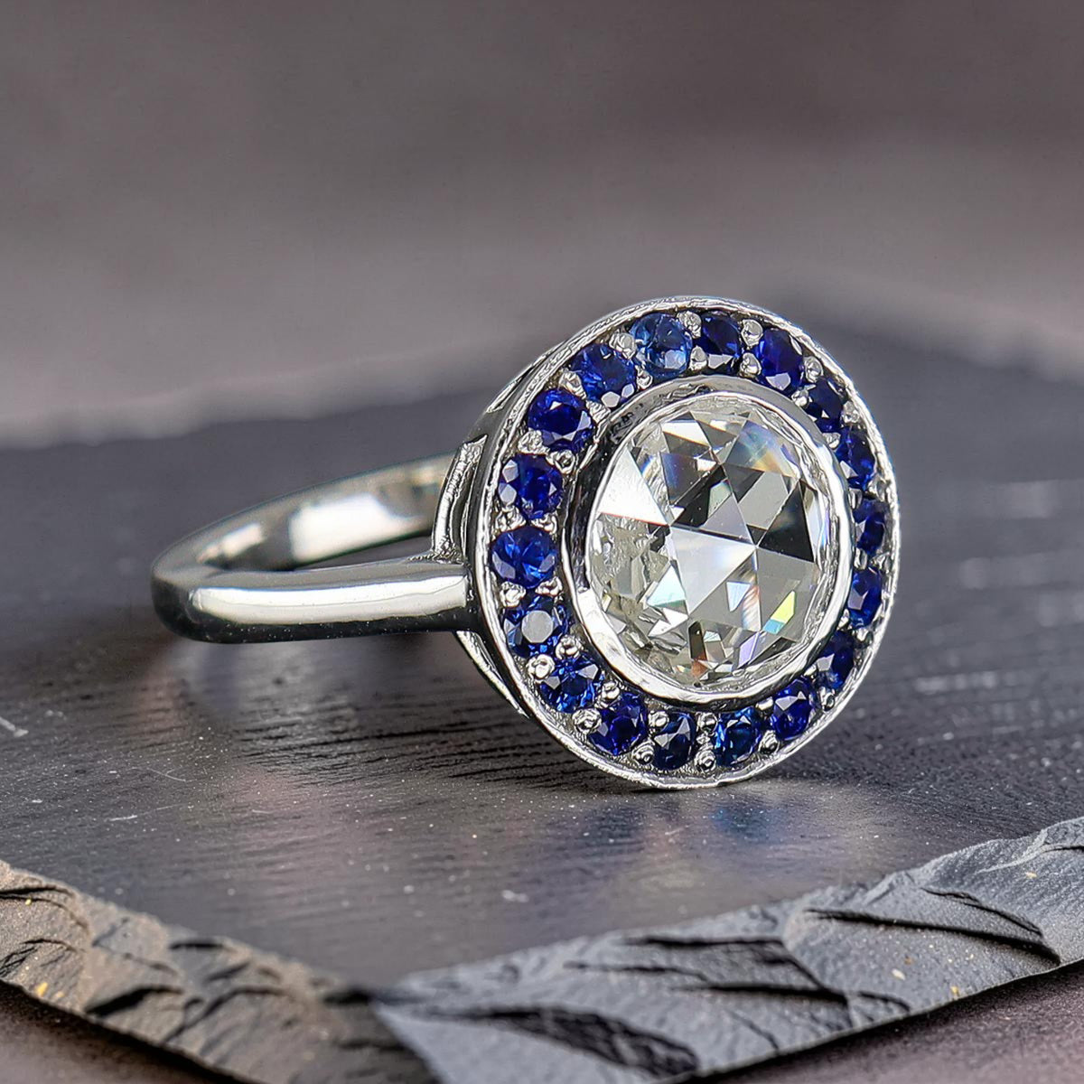Pre-Owned Platinum Ap. 1.11ct Rose Cut Diamond & Sapphire Halo Ring