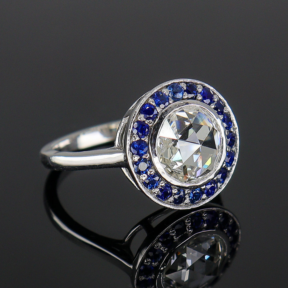 Pre-Owned Platinum Ap. 1.11ct Rose Cut Diamond & Sapphire Halo Ring