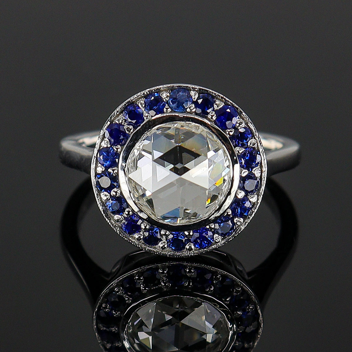 Pre-Owned Platinum Ap. 1.11ct Rose Cut Diamond & Sapphire Halo Ring