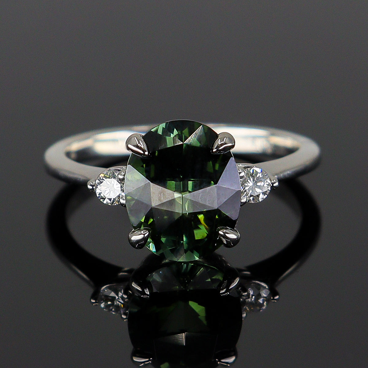 Pre-Owned Platinum Checkerboard Oval Green Tourmaline & Diamond Claw Set Three Stone Ring