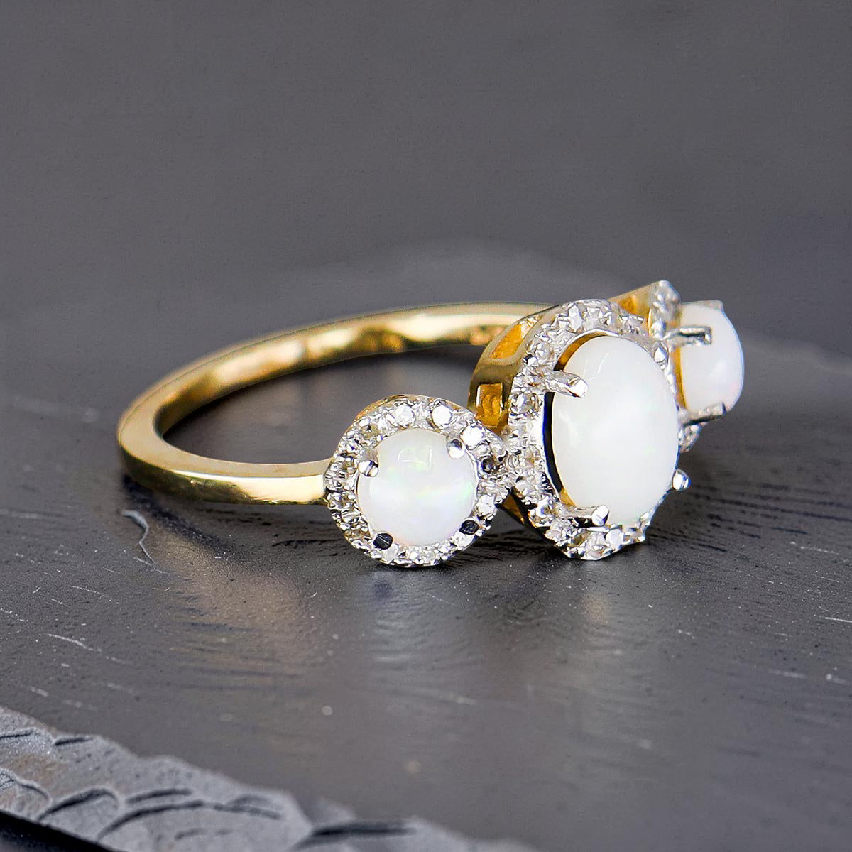 Pre-Owned 9ct Yellow Gold Four Claw Set Opal & Diamond Trilogy Cluster Ring