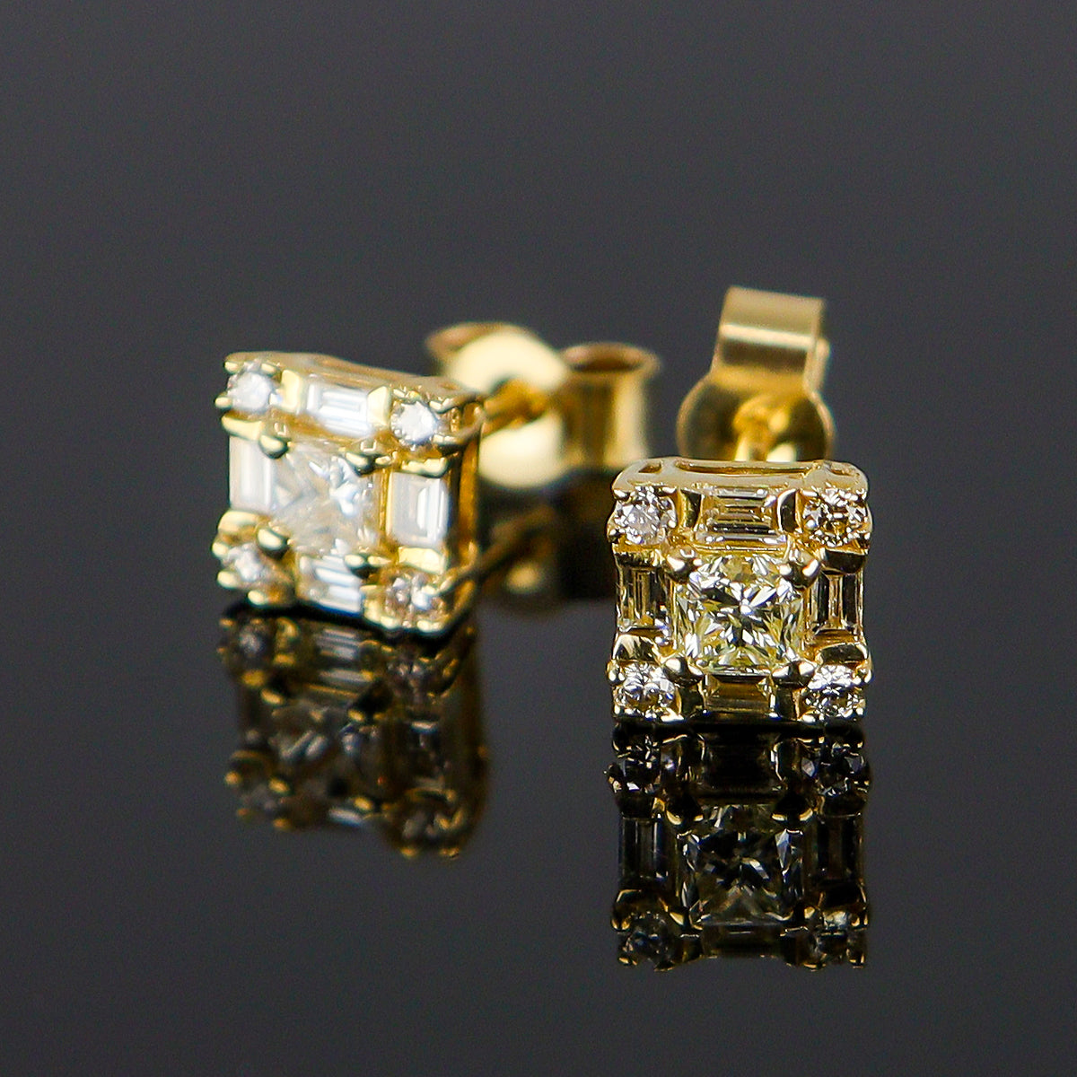 Pre-Owned 18ct Yellow Gold Multi-Cut Diamond Square Cluster Stud Earrings